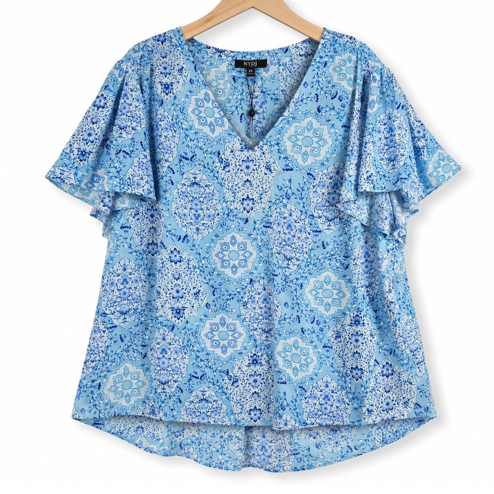 NYDJ Pintuck Flutter Sleeve Blouse Womens 2X Lora Del Blue Floral Career A686364